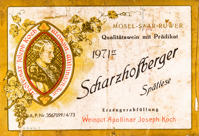 Apollinar Joseph Koch Scharzhofberger Spätlese 1971